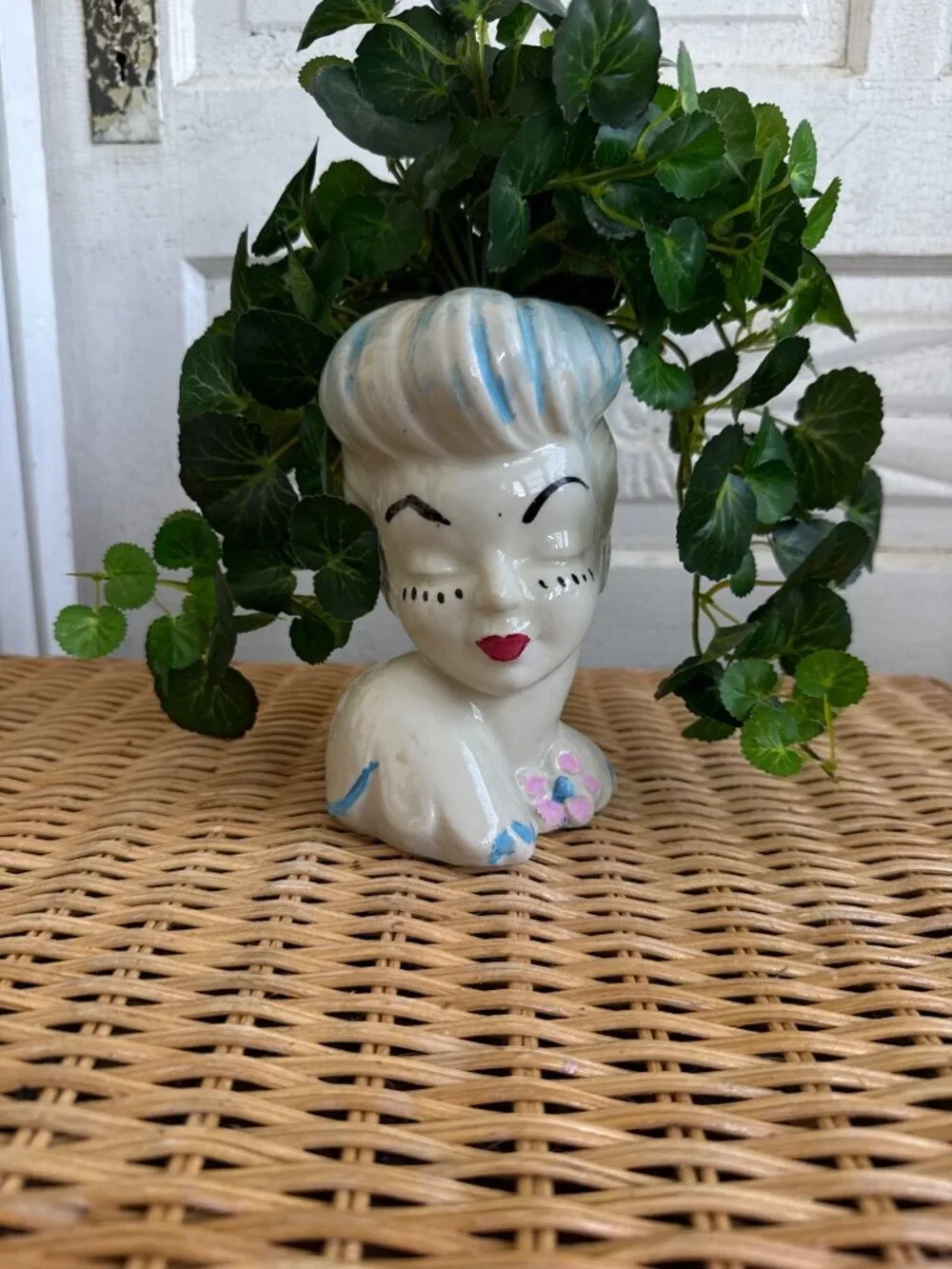 Vintage 1950s Glamour Girl Head Vase Planter With Ivy Faux Plant